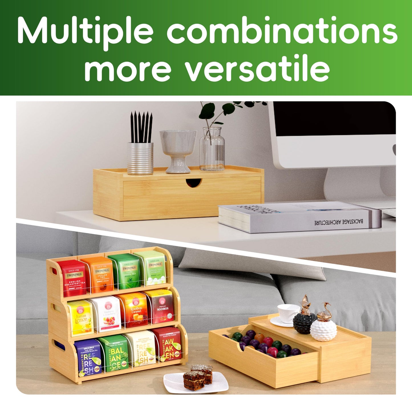 ARFETIGO Bamboo Tea Bag Organizer for Coffee Bar, 4 Tier Modular Tea Organizer with Drawer, Large Capacity Tea Storage Box, Stackable Tea Station Organizer, No Assembly, Kitchen Counter