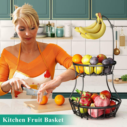 SAYZH 2-Tier Fruit Basket Bowl Stackable Vegetable Storage with Banana Tree Hanger Stand for Kitchen Countertop, Metal Wire Basket for Bread Onions Potatoes Black