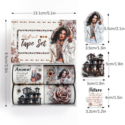 Dizdkizd Washi Tape Set, 4 Pre-Cut Animal Print PET & Washi Tapes Stickers with Diverse Sexy Women, Flowers, Adult Journaling Supplies for Collage Scrapbooks Craft Project