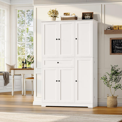 HOSTACK 68" Tall Kitchen Pantry Storage Cabinet, Modern Kitchen Hutch Cabinet with Doors and Shelves, Freestanding Food Pantry with Large Storage Drawer for Dining Room, Living Room, White