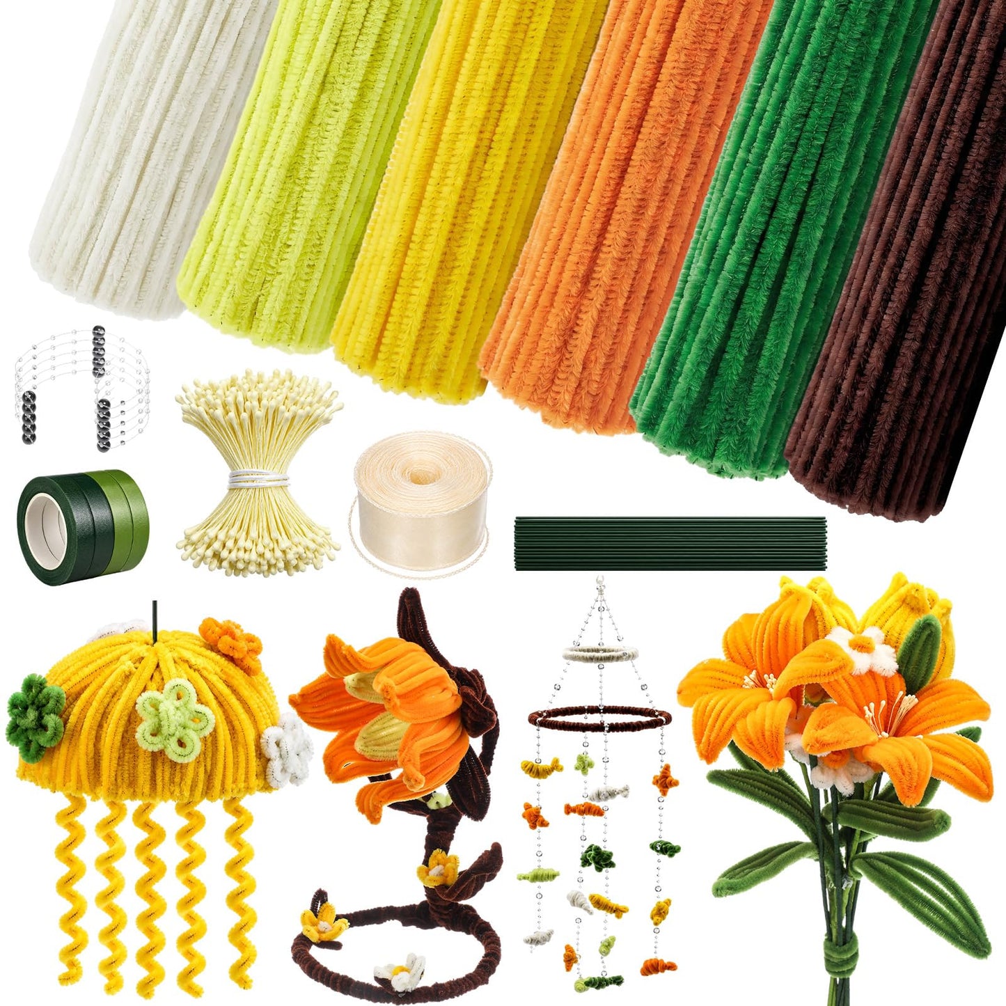 Rivvlive Pipe Cleaner Flower Kit, 1500 Pcs Pipe Cleaners Craft Chenille Stems Bulk with Floral Wires DIY Bouquets Gardening Tape Stamen Ribbon Beads for Art Craft Supplies Gift (Yellow Set)