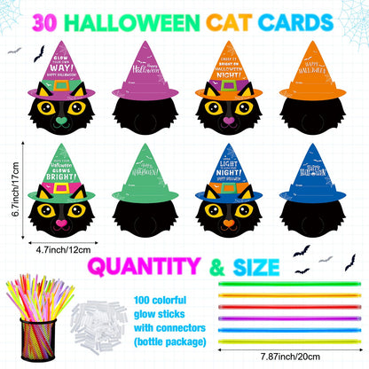 Blosssound 36 Sets Halloween Gifts 36 Halloween Cat Greeting Cards with 108 Glow Sticks Halloween Party Favors for Halloween Goodie Bag Fillers Glow in the Dark Decor Supplies