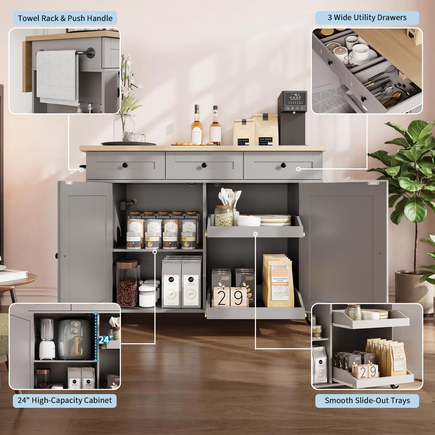 IDEALHOUSE Rolling Kitchen Island with Drop Leaf Countertop, Charging Station & Ample Storage - 47.2" Mobile Kitchen Cart On Wheels with Pull-Out Shelves, Drawers, Spice Rack & Organizer Divider