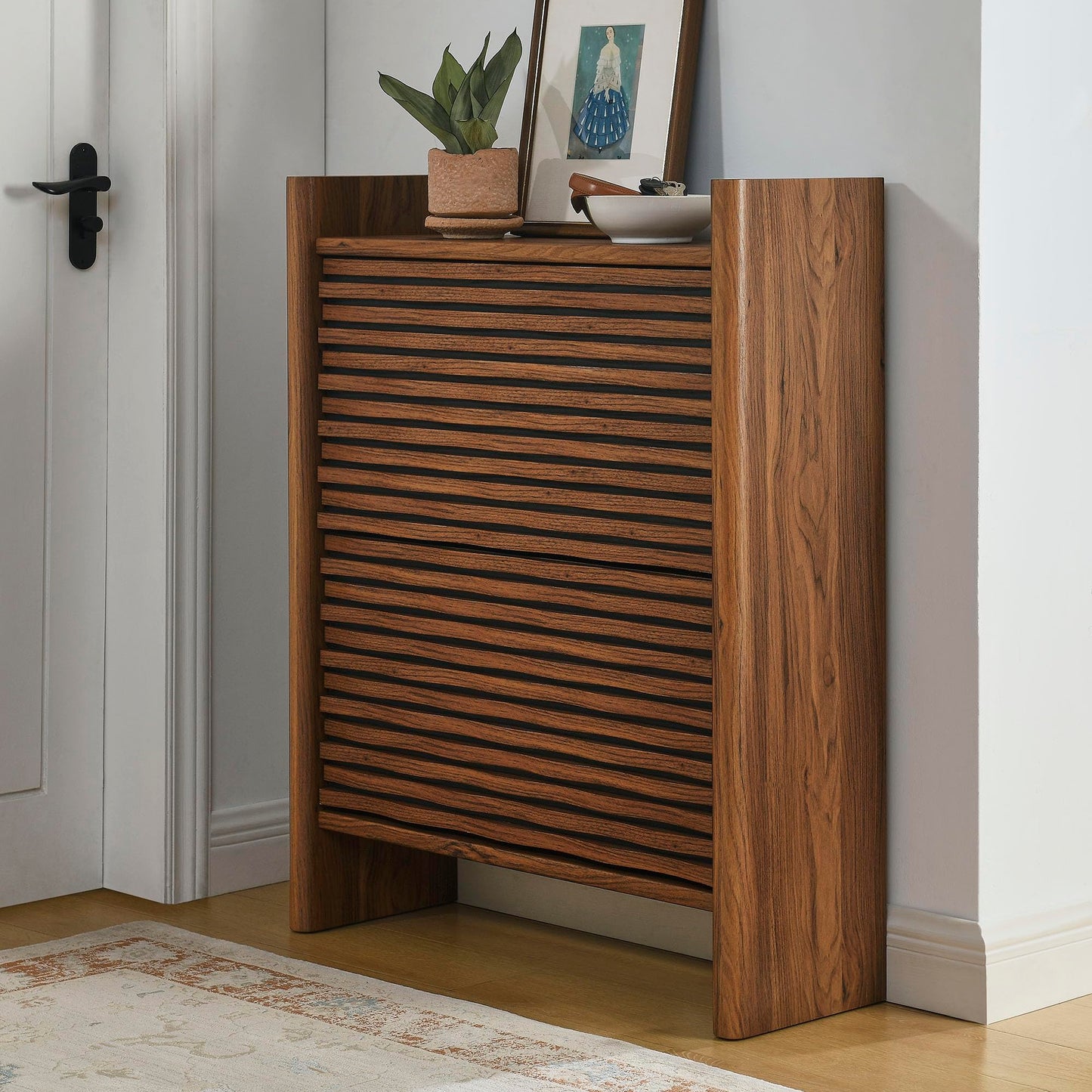 Modway Emric 35 Inch Wave Shoe Storage Cabinet in Walnut – Modern Slatted Front Shoe Rack Cabinet with 2 Flip Drawers for Entryway, Hallway, or Bedroom