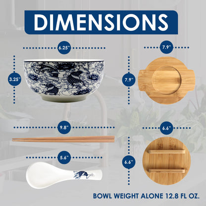 XWORLD Japanese Ceramic Ramen Noodle Bowls Set with Ceramic Spoon, Bamboo Chopsticks, Lid & Trivet, Serving Capacity of 33.8 OZ, Microwavable Oven Safety (3.3” x 6.6” D) (Blue Fish)