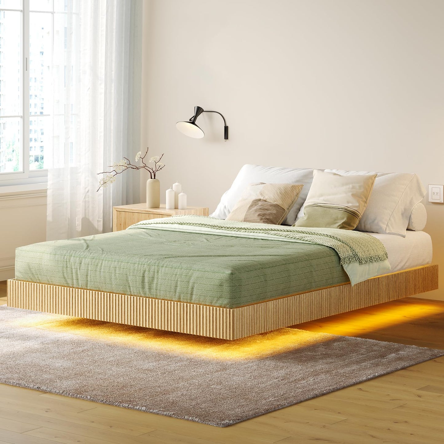 Tatub Natural Queen Floating Bed Frame with LED Lights, Modern Fluted Oak Platform Bed Frame Floating, Heavy Duty Metal Slats, No Box Spring Required