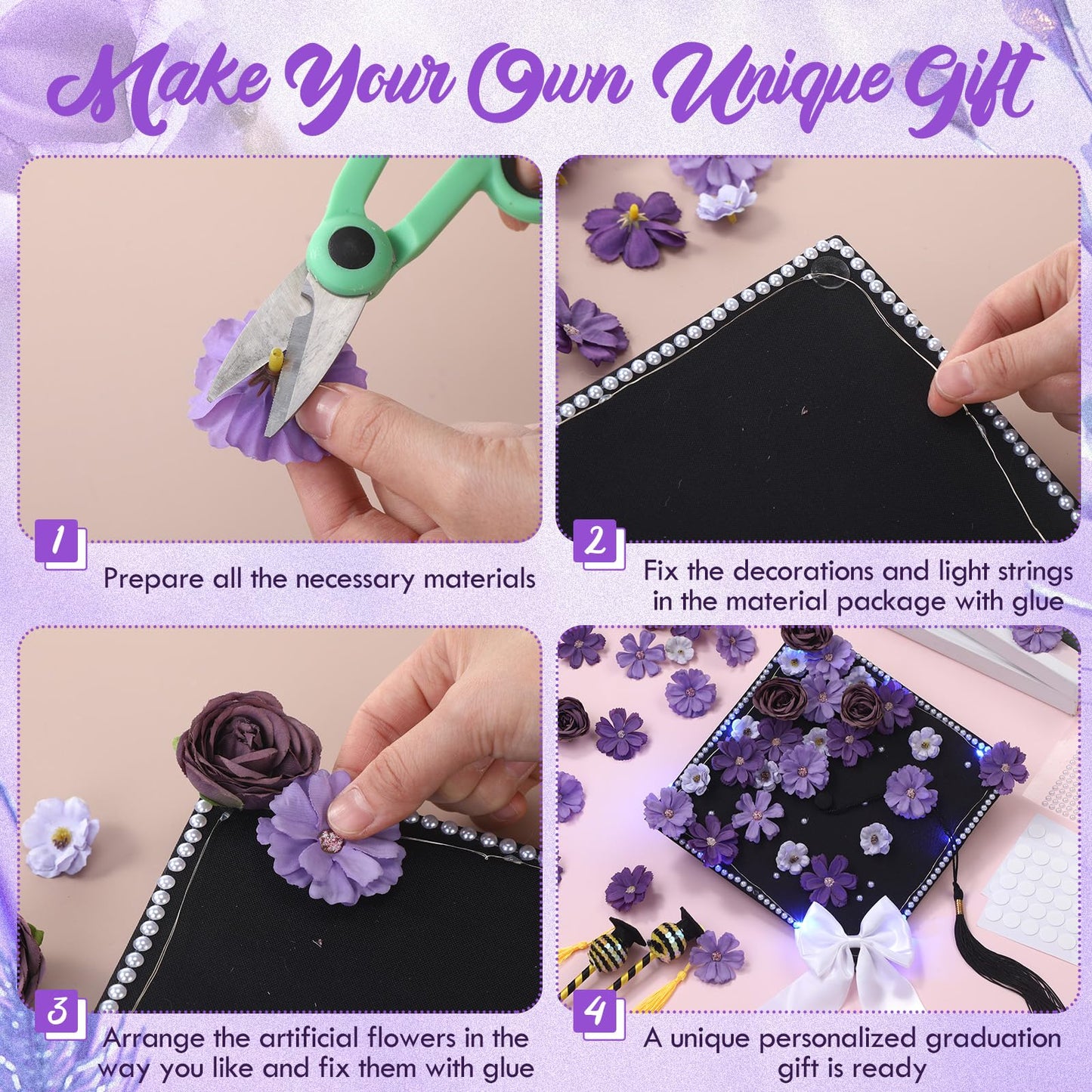 Solsew 50 Pcs DIY Graduation Cap with Lights Decoration Kit Include Artificial Flower String Light Ribbon Bow Pearl Sticker for DIY Cap 2026 Graduation Party(Blue Light, Purple Flower)