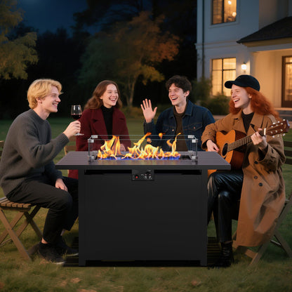 FansaFurn 43” Outdoor Propane Fire Table Set with Heavy-Duty Glass Stones, Glass Wind Guard, Lid & Water-Resistant Cover, 50,000 BTU Metal Fire Pit Table, Rectangle Fire Pit Table for Deck, Patio