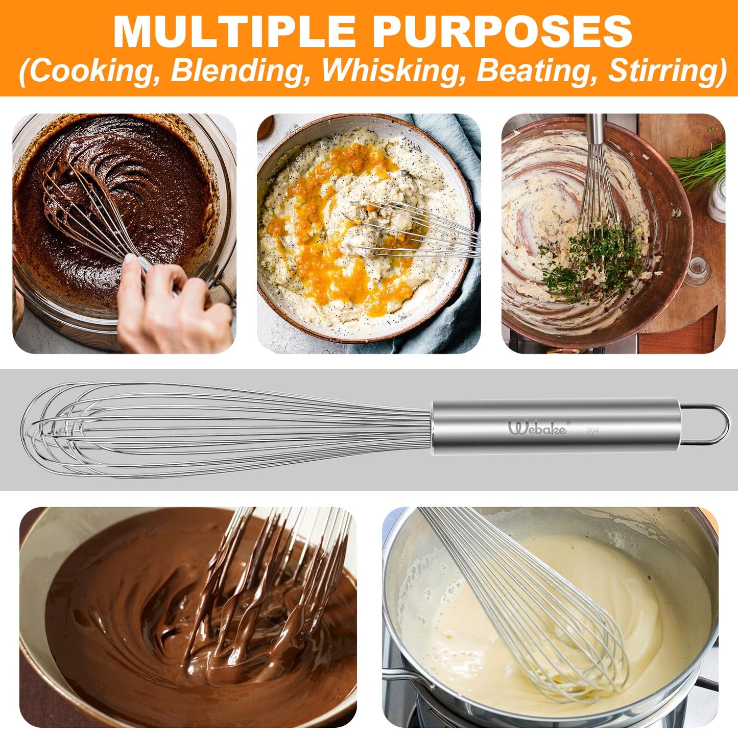 Webake 11" Stainless Steel French Whisk French Whip for Professional or Home, 304 Metal Whisk Set of 2