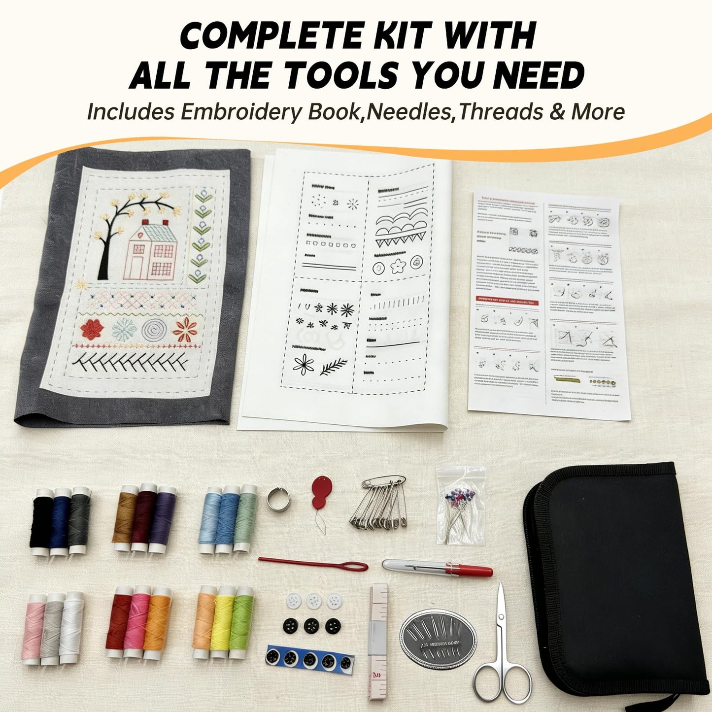 Embroidery Stitch Book Kit for Beginners, 106 Patterns with 86-Piece Tools, Portable DIY Learning Book with Video Tutorials, Mindfulness Hand Embroidery Starter Kit for Adults, Relaxing Craft Gift
