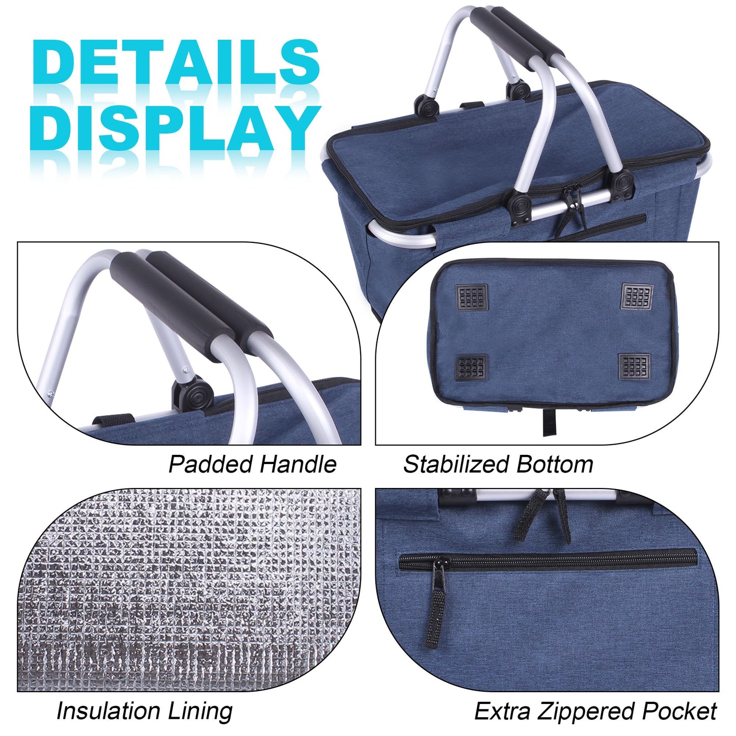 Picnic Basket, SIYUAN Collapsible Shopping Basket with Lid 27L Large Market Basket with Handles Reusable Folding Grocery Basket Insulated Cooler Bag for Picnic Travel, Blue