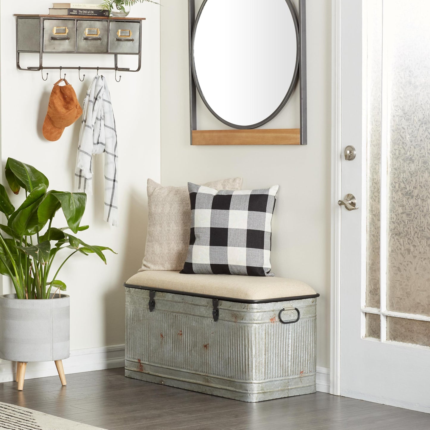 Deco 79 Metal Room Storage Bench Galvanized Entryway Bench with Cream Burlap Top and Black Latches, Bench 38" x 16" x 19", Gray