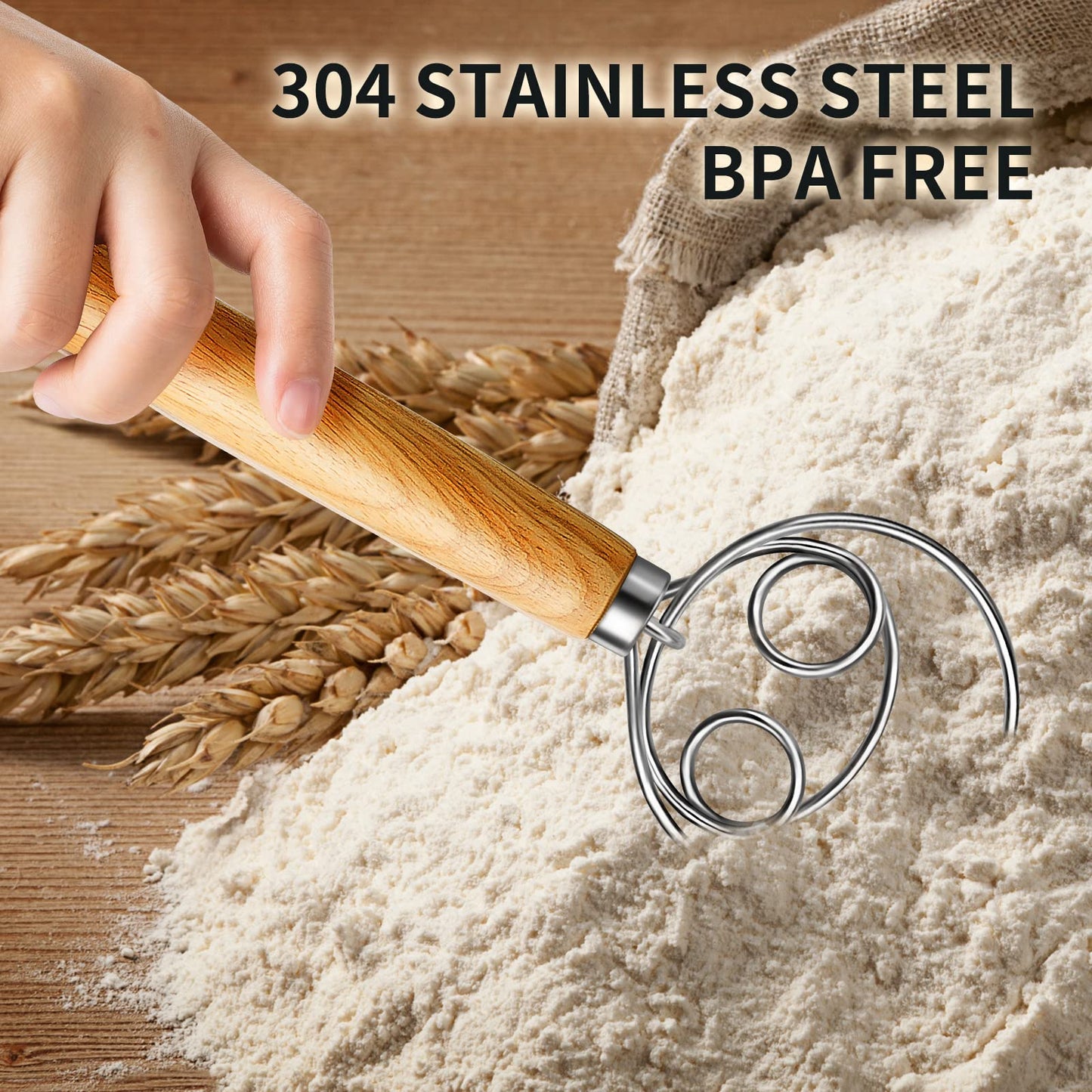 TEEVEA Danish Dough Whisk Stainless Steel Wooden Handle for Sourdough Pizza Bread Baking