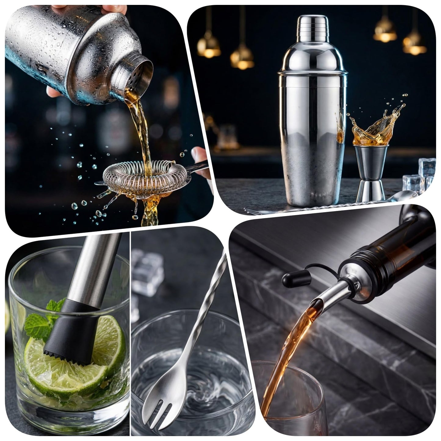Cocktail Shaker Set Bartender Kit,Professional Bar Set, Martini Shaker, Jigger, Strainer, Mixer Spoon, Muddler, Liquor Pourers Ideal Bar Accessories for Home, Gift for Christmas, Birthday, Beginners