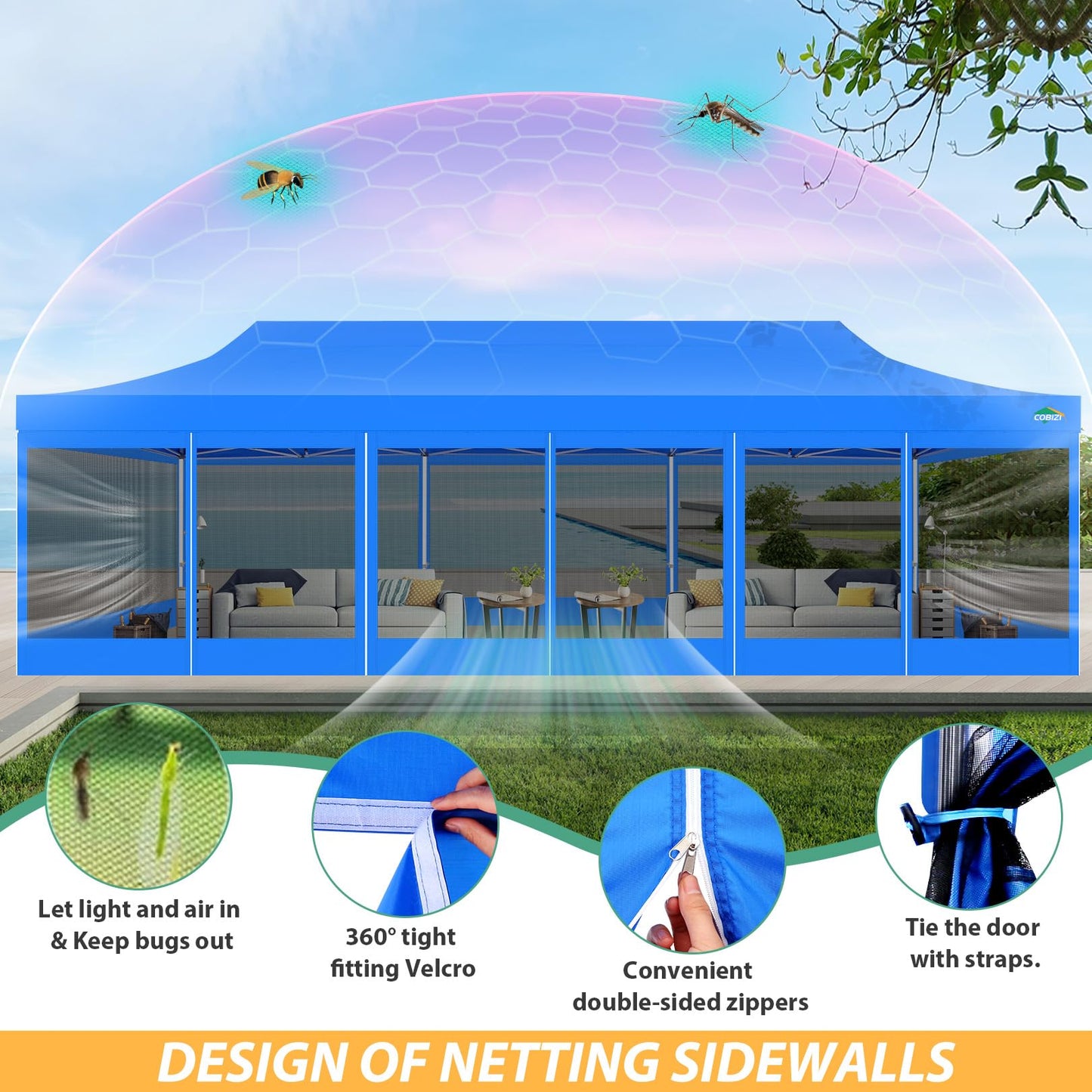 COBIZI 10x30 Pop Up Canopy with Sidewalls, Heavy Duty Canopy with Mosquito Netting, Easy up Screen Party Tents for Parties Backyard Outdoor Commercial Event Gazebo with Roller Bag, Sandbags, Blue