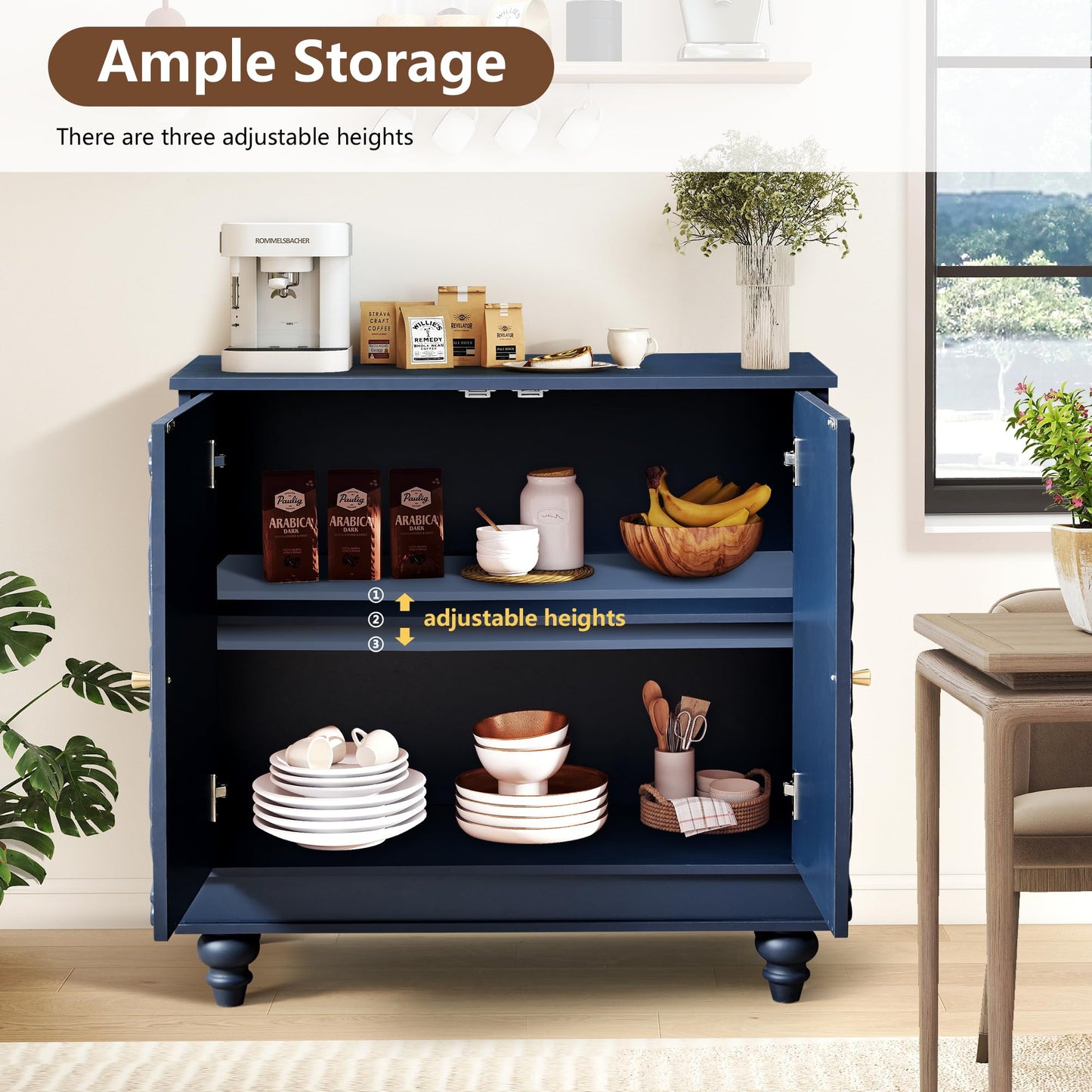 weselon Accent Cabinet Set of 2, Luxury Carving Board Buffet Cabinet with Storage, Storage Sideboard Entryway Table with 2 Doors and Adjustable Shelves (Midnight Blue)
