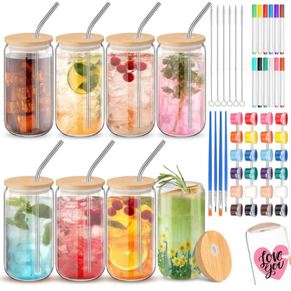 Pickmesh 8 Set Glass Painting Kit for Valentines Day Gifts Adult 16 oz Glass Tumbler with Lids and Straws 12 Markers 12 Colors Acrylic Pain with Brushes to Design Your Own Wine Glasses Gifts