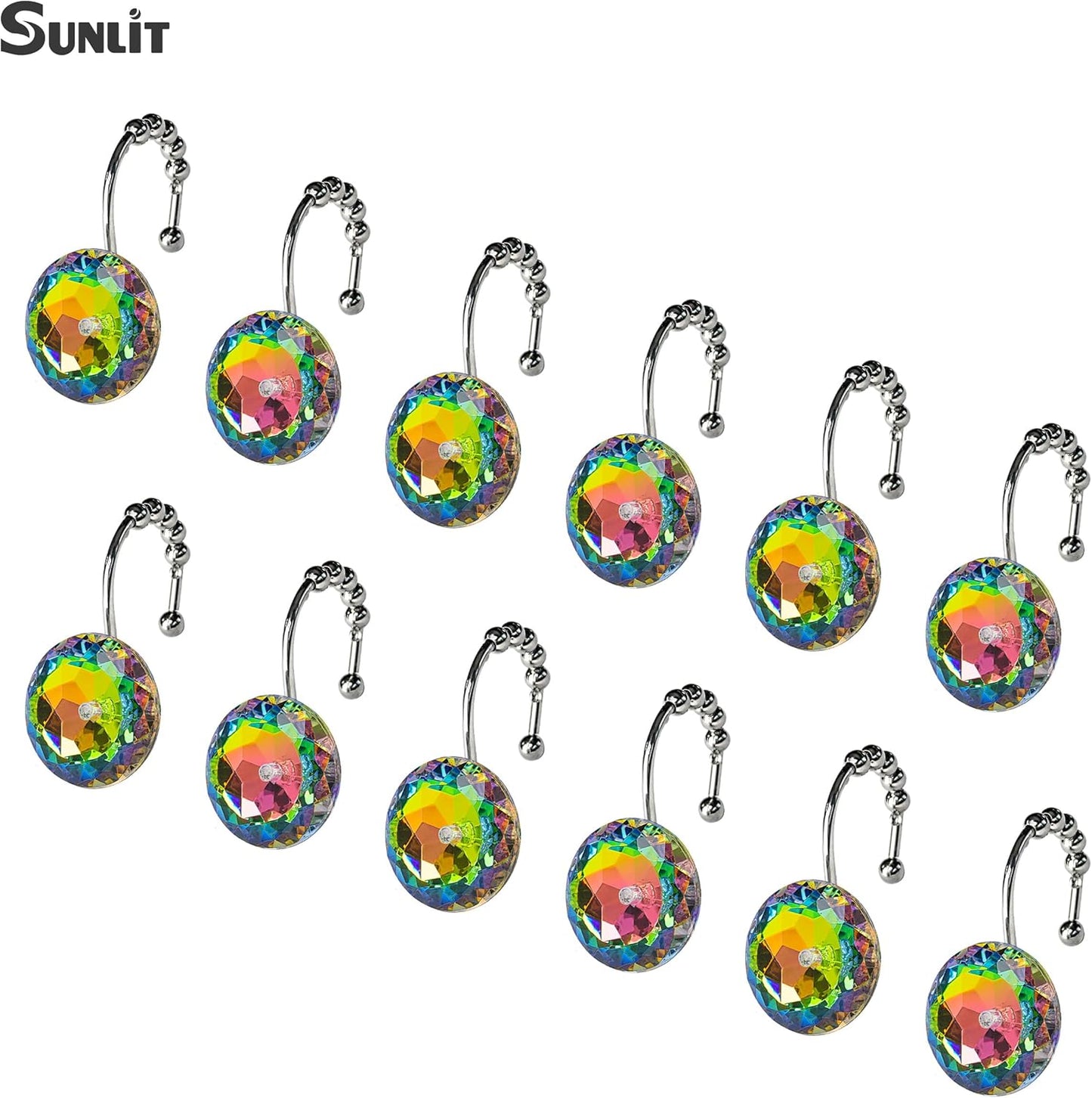 Sunlit Luxury Design Glitter Round Colorful Diamond Crystal Gem Bling Shower Curtain Hooks - Rust Proof Metal
