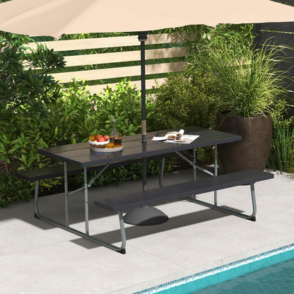 Tangkula 6 Ft Folding Picnic Table, Outdoor 8 Person Large Picnic Table Set with 2 Built-in Benches, Umbrella Hole, Metal Frame & HDPE Tabletop for Garden, Backyard (Black)