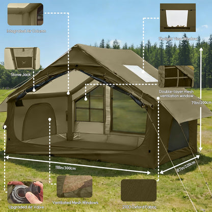 AORZCOR Inflatable Camping Tent with Stove Jack, 2-4 Person, Glamping Tents House, Easy Setup Tent for 4 Seasons, Waterproof Inflatable Hot Tent (Green)