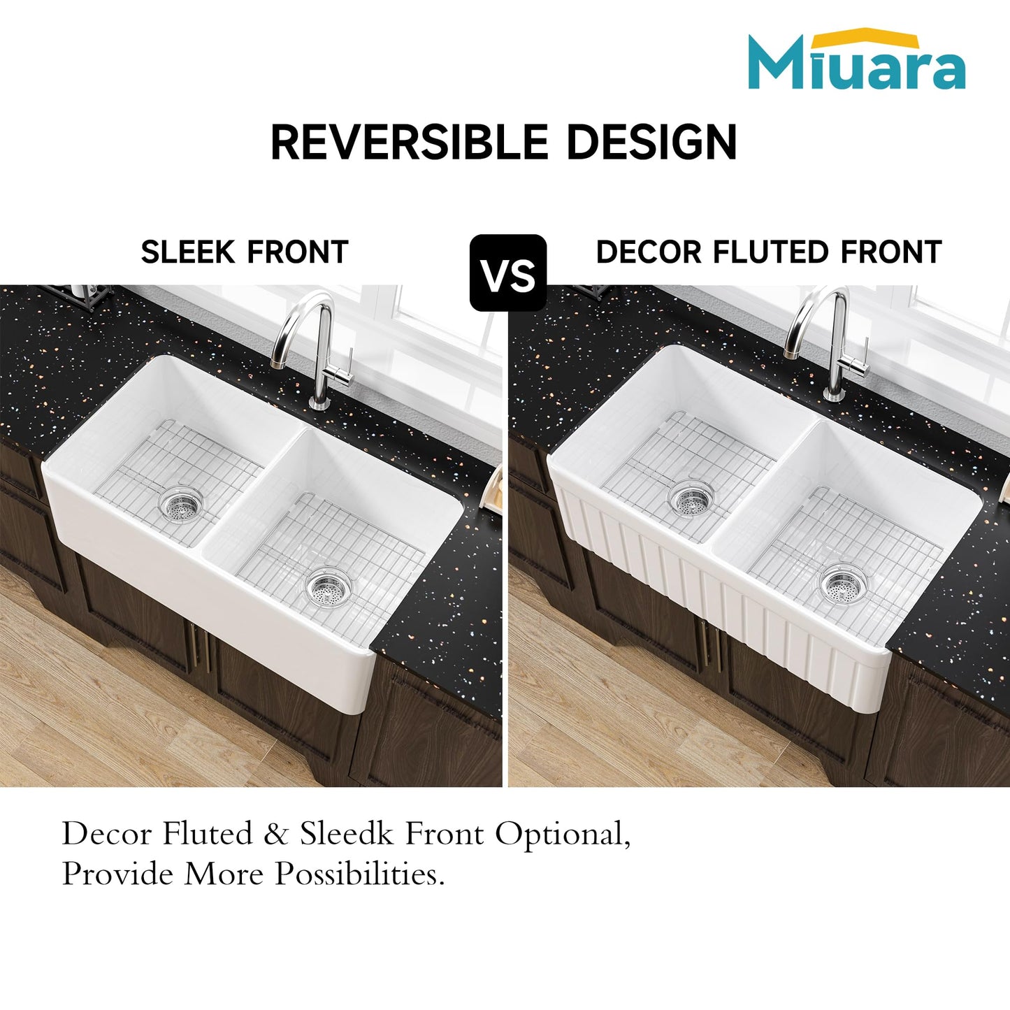 Miuara Farmhouse Sink Double Bowl 33 Inch - White Apron Front Kitchen Sink Reversible 33"x18", Undermount Farm House﻿ Style Dual Basin 50/50, Heavy Duty Solid Fireclay, for Kitchen