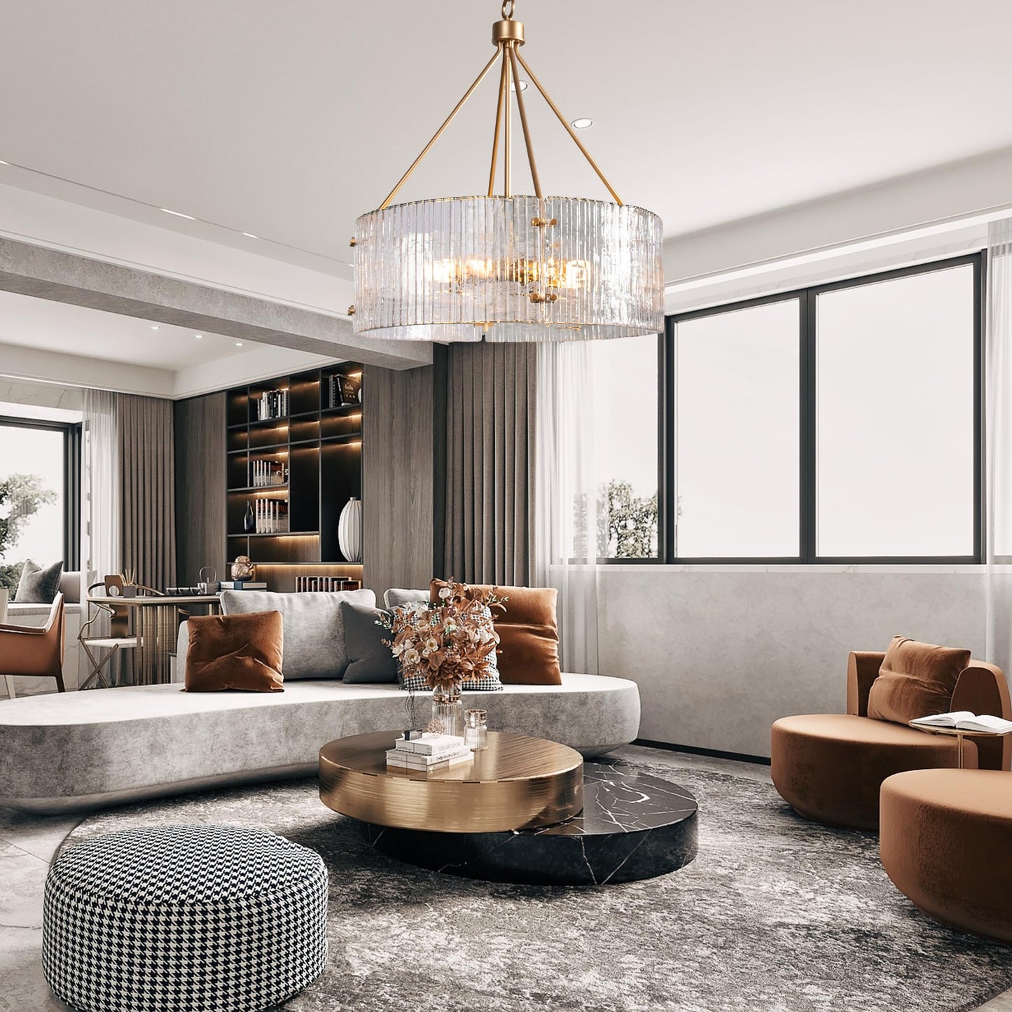 Obihivlo Gold Patterned Glass Chandeliers for Dining Room, D23'' Modern Drum Crystal Chandelier, 6-Light Farmhouse Pendant Hanging Ceiling Fixture for Kitchen Island Living Room Foyer Bedroom (E26)