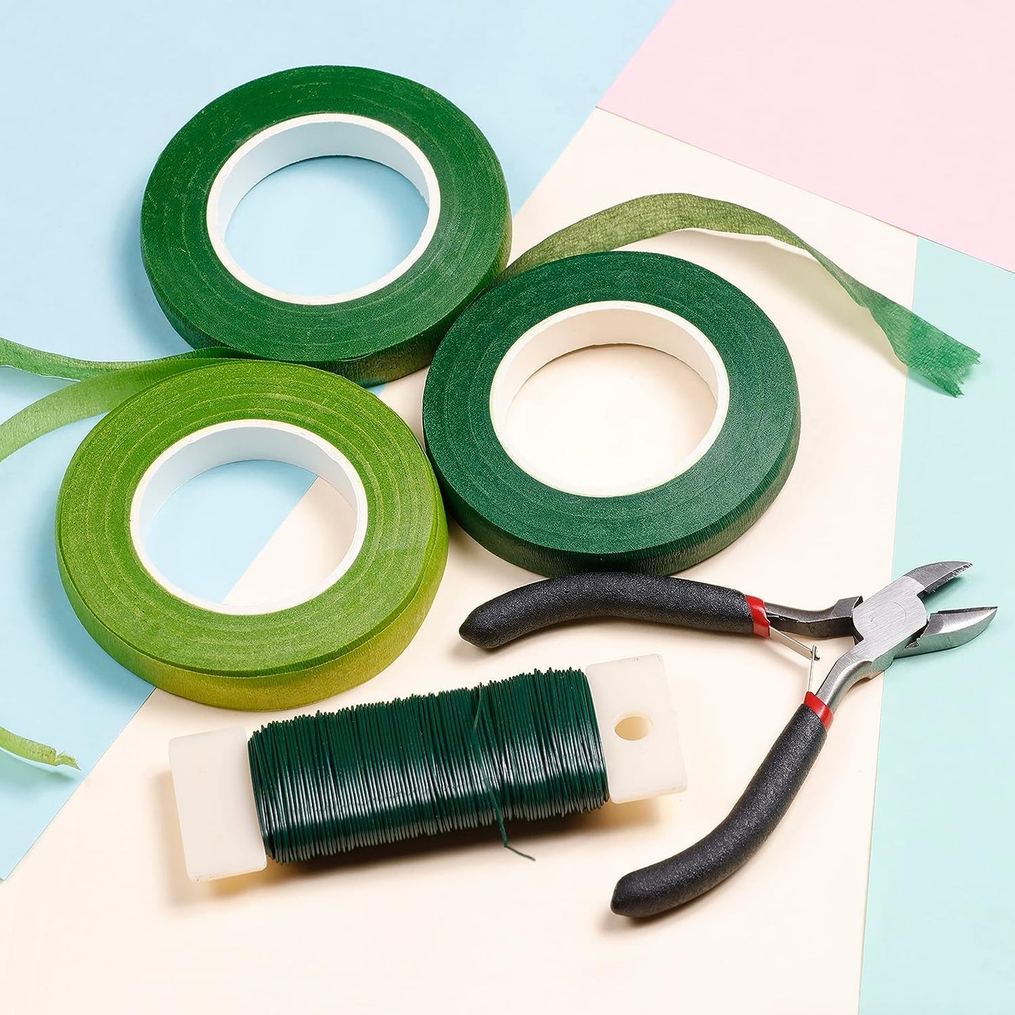 Incraftables Floral Tape & Wire Bundle – 4 Rolls (White, Light Green, Green, Dark Green), 100pcs Stem Wire, 30m Wreath Wire, Wire Cutter – Complete Bouquet & Flower Crafting Kit