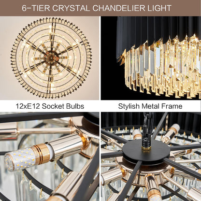 YOLIZUOT Black Crystal Chandelier 30'' K9 Crystal Round Pendant Lights Adjustable 6-Tier Large Modern Crystal Chandelier Light 12-Lights for Dining Room Living Room Kitchen Foyer Entryway