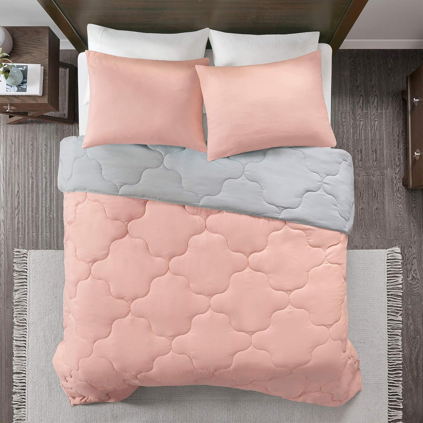 Comfort Spaces Vixie Reversible Comforter Set, Twin/Twin XL 2 Piece, Coral/Gray, Trendy Geometric Quilted Cover