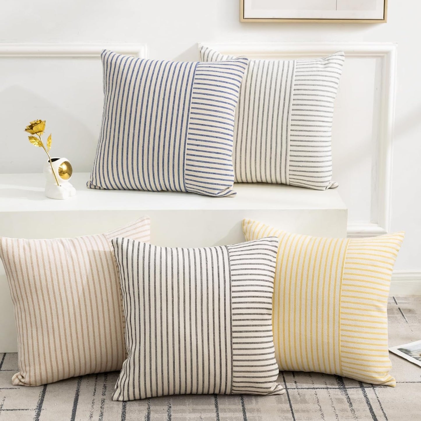 16x16, Set 2, YCOLL Fall Pillow Covers Modern Accent Throw Pillow Covers of Burnt Orange Striped Patchwork Linen