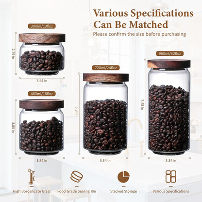 720ML/24Oz Clear Glass Storage Canister with Airtight Wood Lid, Modern Decorative Container for Coffee, Spice, Candy