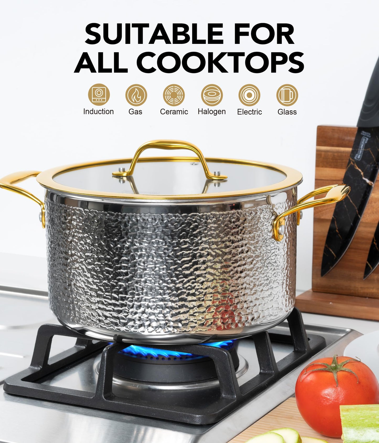 Michelangelo Triply Stainless Steel Pots and Pans Set, 10-Piece Hammered Stainless Steel Cookware Set with Golden Handle, Premium Induction Kitchen Cookware, Oven Safe