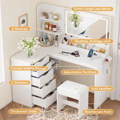 YESHOMY Vanity Desk with Lights and Mirror, L Shaped Makeup Table, Dresser with Hairdryer Holder and Power Outlet, Adjustable 3 Lighting Modes, 5 Drawers and Adjustabled Open Storage Shelves, White