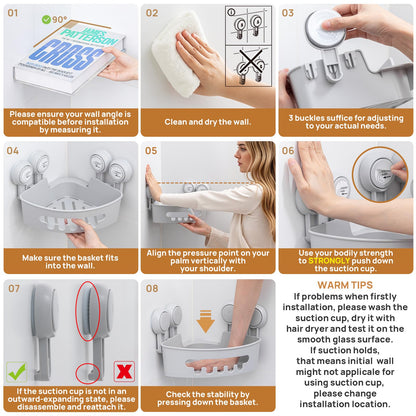 LEVERLOC Corner Shower Caddy Suction Cup, shower shelves suction cup, 2 Pack Basket Powerful Bathroom, Waterproof & Oil-proof Organizer for Kitchen, No-Drilling Removable (Grey)