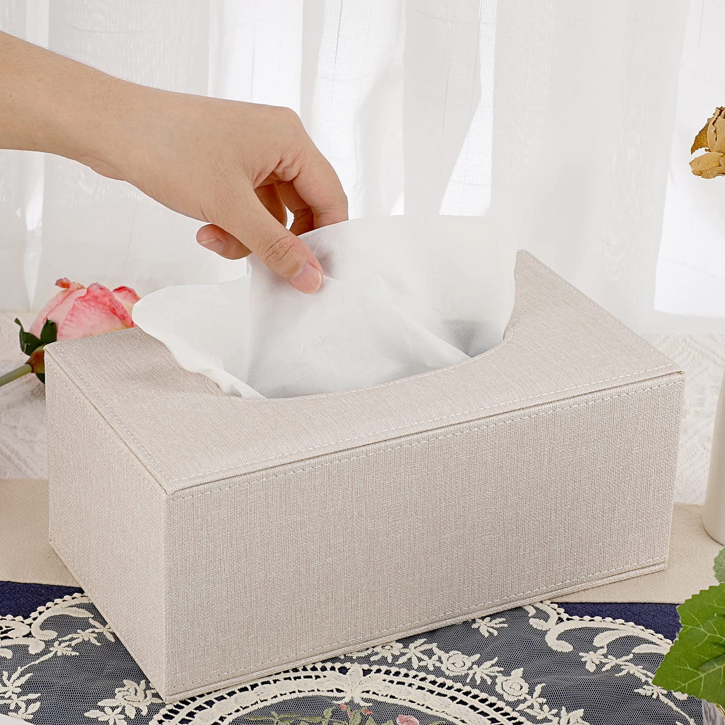 Sumnacon Tissue Box Cover Rectangle Linen Tissue Box,Stylish Tissue Box Holder with Magnetic Bottom,Decorative Tissue Cover for Bathroom Toilet Bedroom Living Room Table Desk Office, Beige