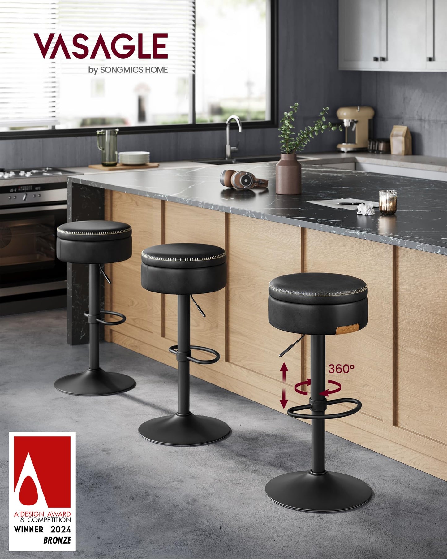 VASAGLE EKHO Collection - 360° Swivel Bar Stools Set of 4, Height Adjustable Barstools with Storage, Synthetic Leather with Stitching, Mid-Century Modern, Kitchen Bar, Easy Assembly, Ink Black