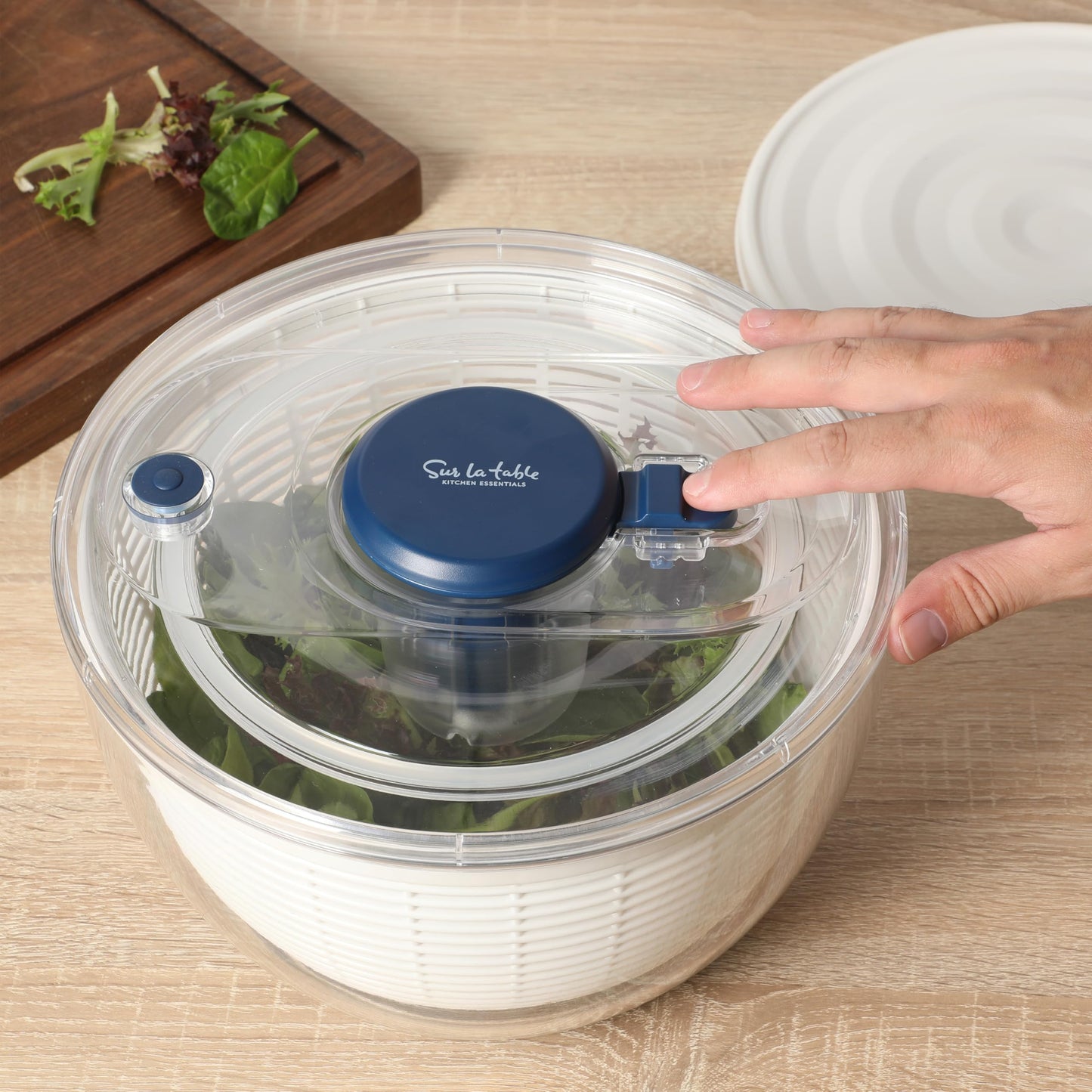 Sur La Table Kitchen Essential 6.3 Qt Salad Spinner, Fruit Wahser, Fruit Washing Bowl with Strainer, Vegertable Cleaner, Salad Cleaner, Lettuce Washer - Navy Blue