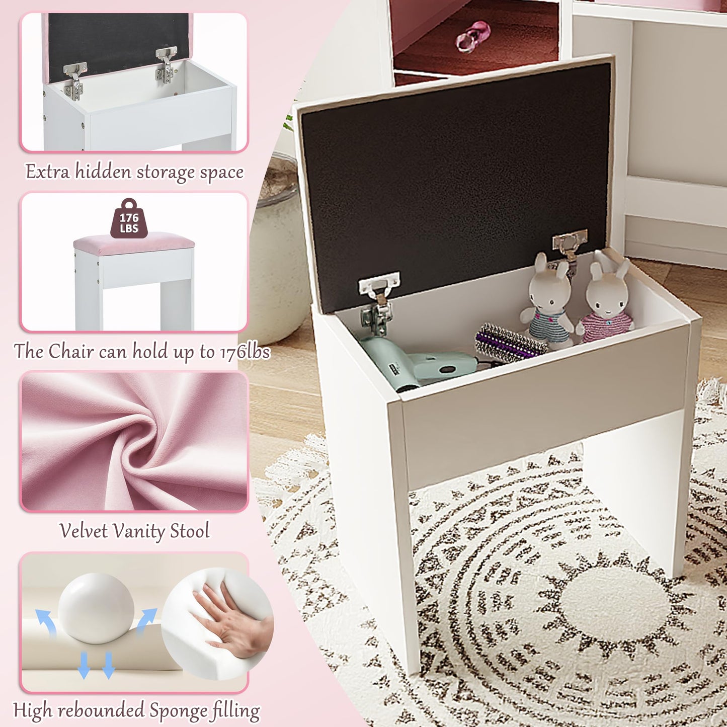 Merax Vanity Desk with Mirror and Lights, Pink Makeup Vanity Set with 9 LED Bulbs and Power Outlet, 6 Storage Drawer & Shelves, Dressing Table Set with Pink Vanity Stool for Girls & Women