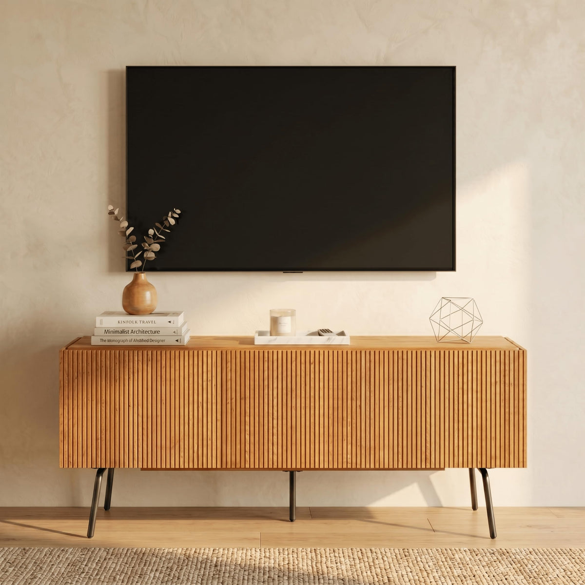 NTC Veil TV Stand with 3 Doors for TVs up to 60’’, Media Console with Vertical Groove Design and Metal Legs, Modern Entertainment Center for Living Room and Bedroom, Effortless Assembly, Teak Look