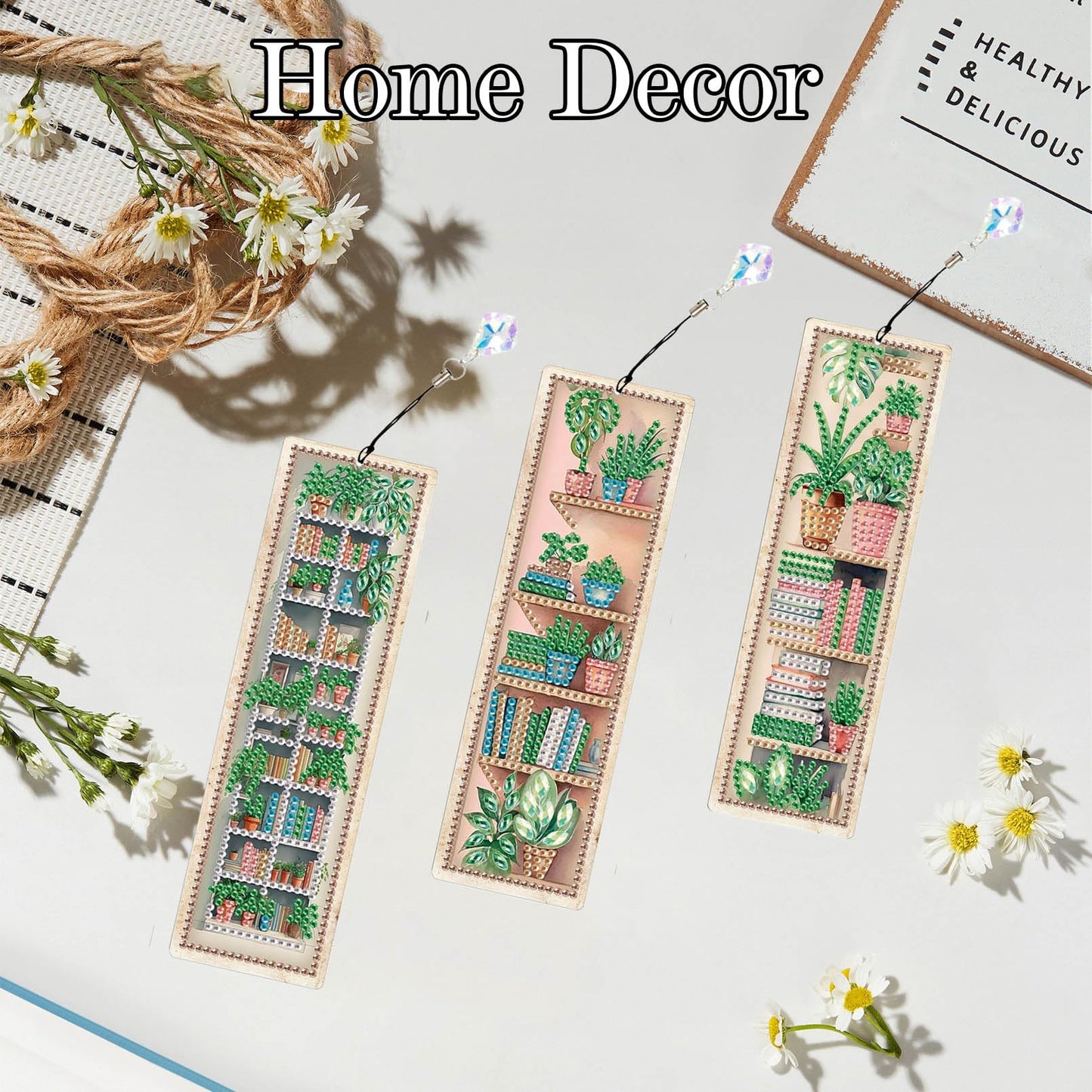 4 Pcs Diamonds Painting Bookmarks Diamond Art Kits for Adults DIY Full Round Gem Crystal Art Bookmarks with Pendant Home Office Supplies for Reading Lovers