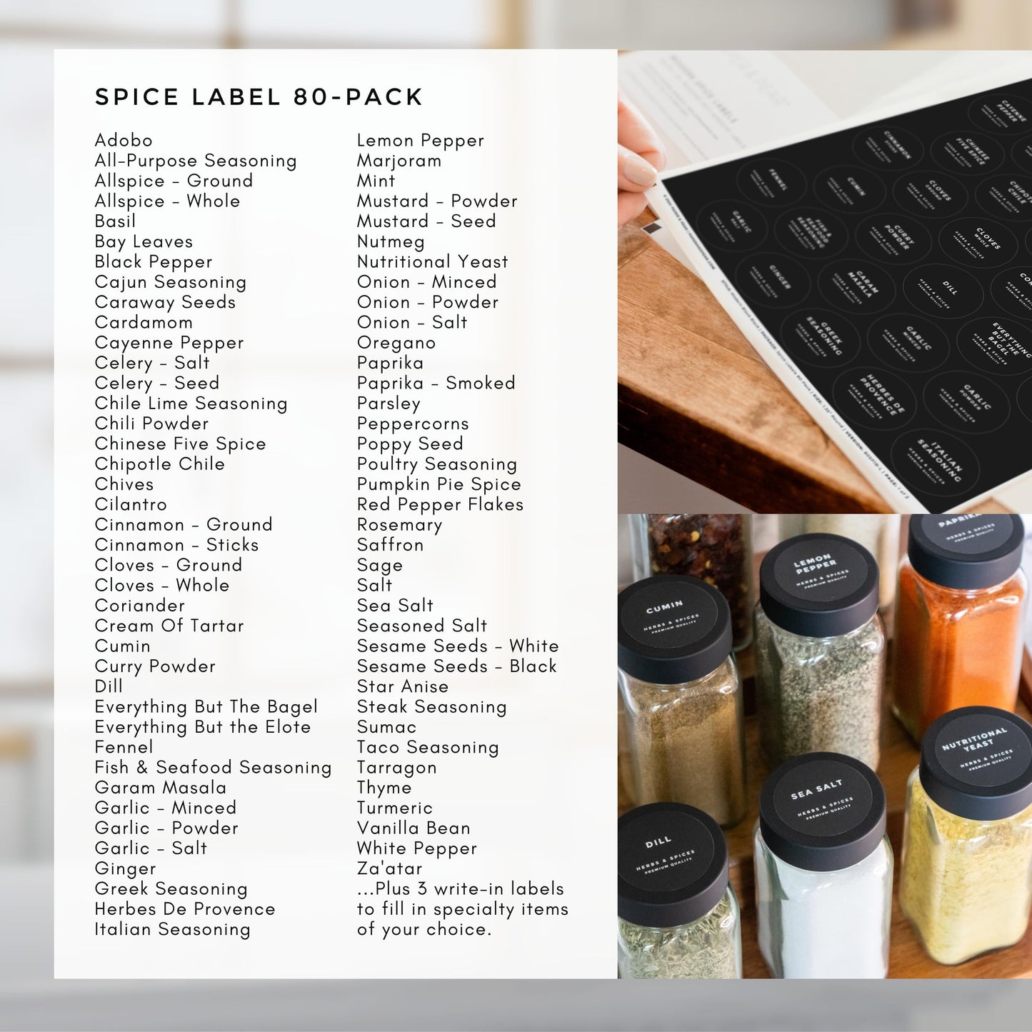 Modern Style Round Black Spice Labels Stickers Preprinted Waterproof by Paper & Pear - Oil Resistant Kitchen Pantry Labels for Home Improvement - 1.35 Inches Pantry Stickers - Set of 80 (No Jars)