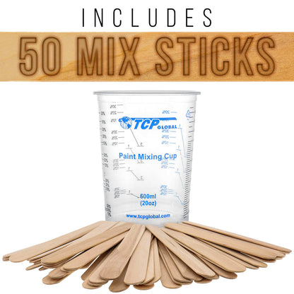 TCP Global 20 oz. (600ml) Graduated Plastic Mixing Cups - Box of 50 with 50 Mixing Sticks - Disposable Plastic Measuring Cups for Liquids, Paints, Resin, Epoxy, Art, Kitchen - Ratios 2-1, 3-1, 4-1 ML
