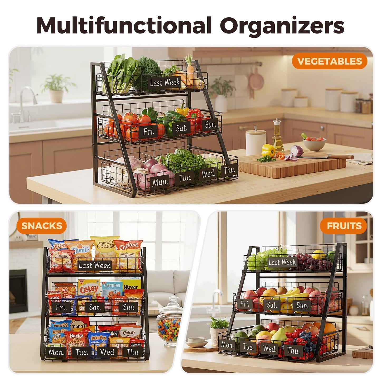 Sevenblue Upgraded Egg Holder Countertop with Removable 5 Dividers & Date Plate, 3 Tier Pull Out Large Egg Basket for Gathering Fresh Eggs, Kitchen Organizer, The Size - 16.7“x16.6”x11.3"