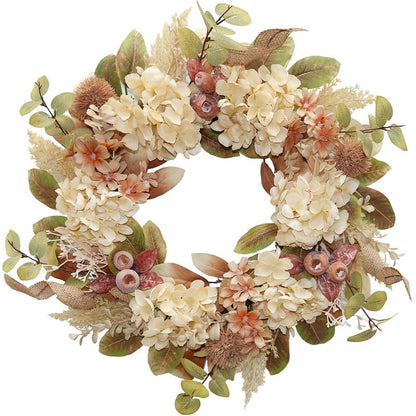 BINFEN 18 Inch Lush Fall Wreath for Front Door, Boho Brown Outdoor Wreath with Faux Dried Hydrangea Pampas Burlap & Flowers, Farmhouse Fall Winter Thanksgiving Harvest Décor