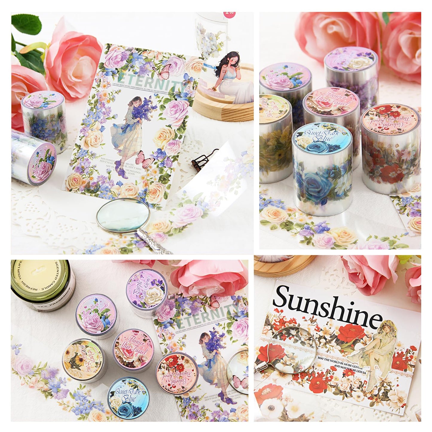 DAPUTOU 6 Rolls PET Washi Tape 50mm Wide Flowers Transparent Ephemera Light Decorative Aesthetic Floral Stickers Set for Junk Journaling, Scrapbook Supplies, Crafting, DIY Projects