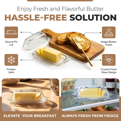 Kangaroo Decorative Clear Glass Butter Dish with Lid for Countertop & Refrigerator - Crystal Covered Butter Tray Storage Container Holder for Counter & Fridge - Best Thanksgiving Butter Dish with Lid