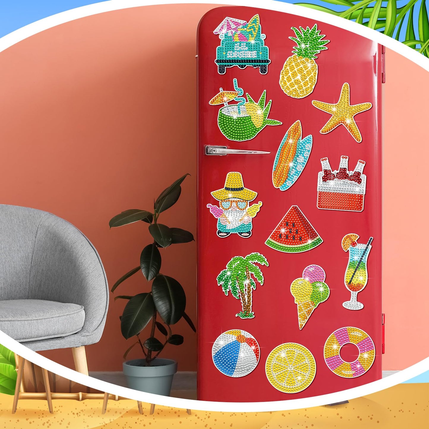 Xuhal 16 Pcs Summer Beach Diamond Painting Fridge Magnets Kit Tropical Hawaiian Diamond Art Magnets for Refrigerator Flamingos Beach DIY Fridge Magnetic Sticker for Adults Crafts Home Decor Gifts