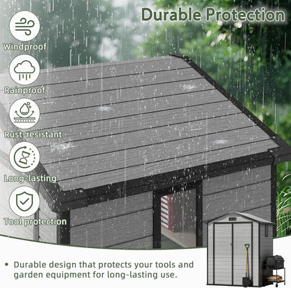 5.5x4 FT Resin Storage Shed with Floor, Easy Assemly Outdoor Small Plastic Shed with 2 Doors & 2 Windows, Locable Storage Garden Shed for Bike Lawn Mower Garbage Can