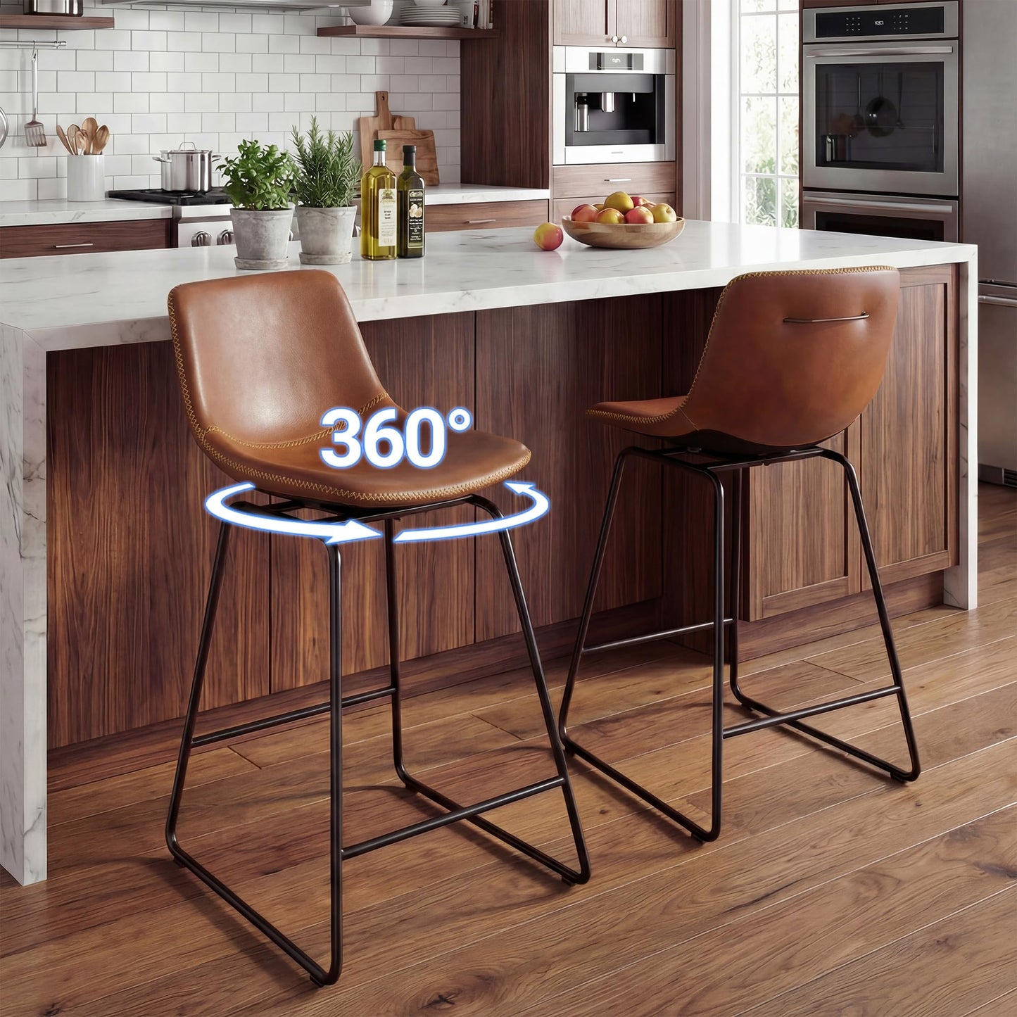 Mistpople Swivel Counter Bar Stools - 26 Inch Counter Height Barstools Set of 6 with Back and Footrest, Modern Faux Leather Armless Bar Chairs with Metal Legs for Kitchen Island, Dining (Brown)