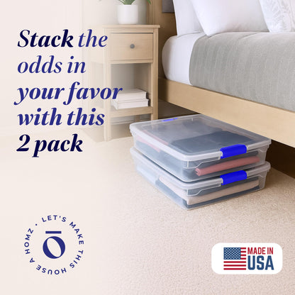 HOMZ 2-Pack Under Bed Storage, Clear Plastic Containers with Lids, 56 Quart, Blue Latch - Stackable Underbed Organizer Bins for Shoes, Bags, Clothes, and Towels